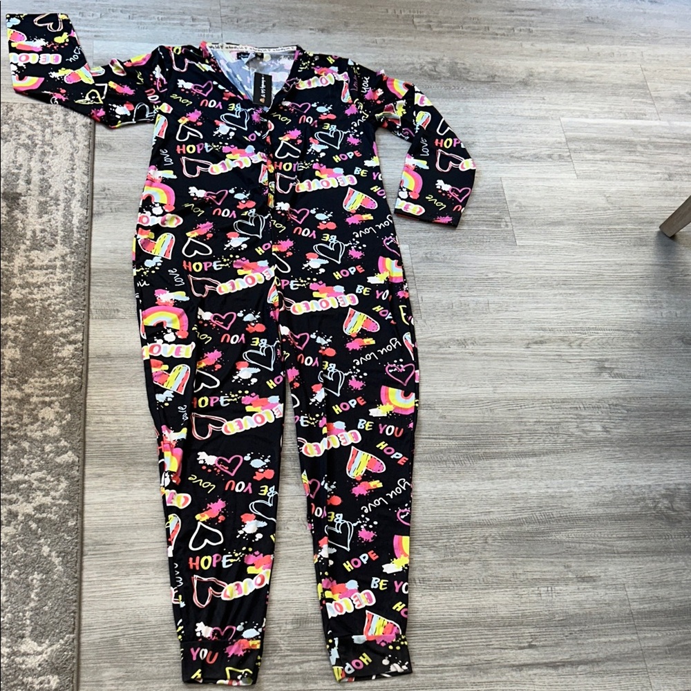 Un-bearably CuteBlack One-Piece Pajama Jumpsuit with Neon Rainbow & Heart Motifs